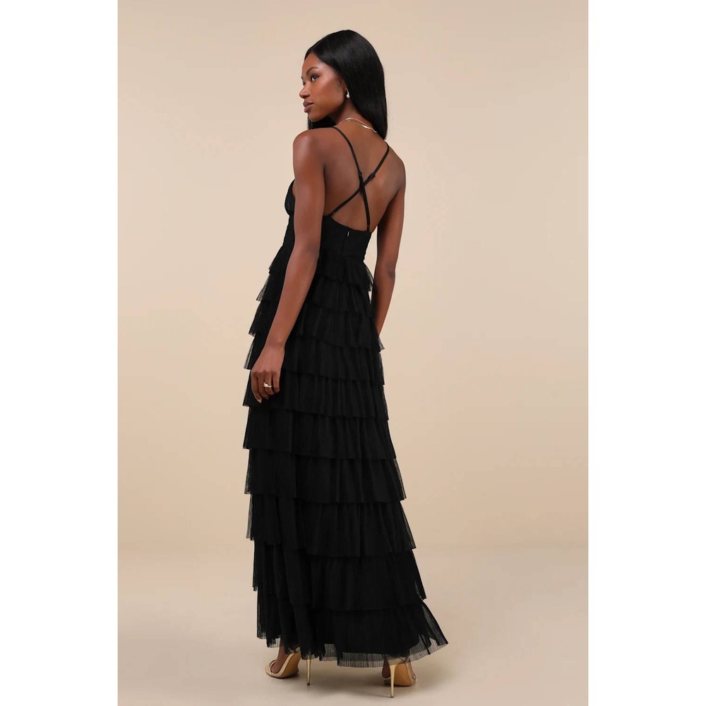 NWT Lulus Radiant Event Black Mesh Tiered Pleated Backless Maxi Dress Medium - Picture 2 of 8
